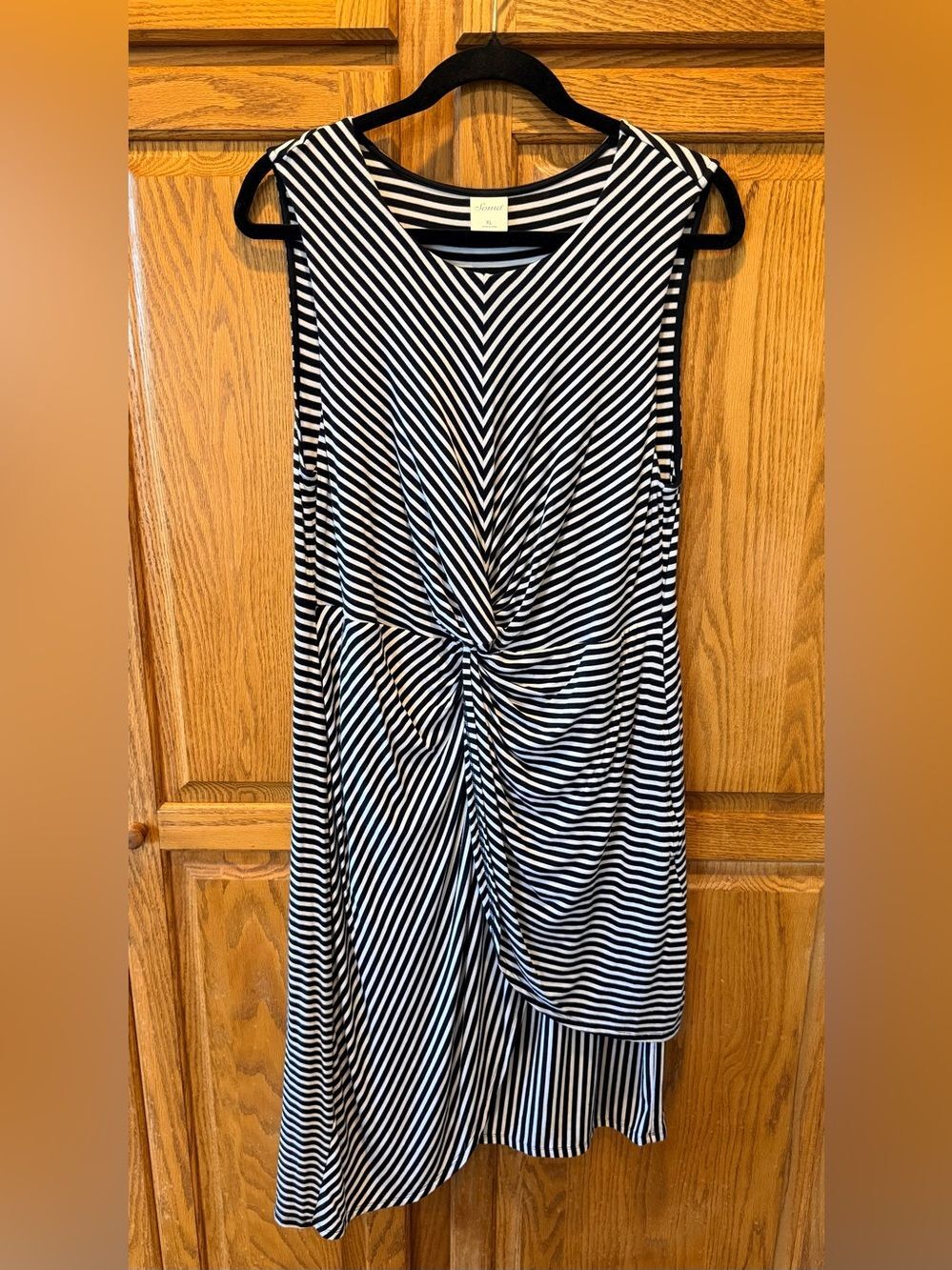 Soma Black and White Striped Midi Dress Twist Waist 95% Rayon XL Asymmetrical